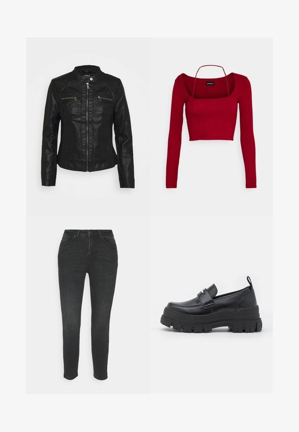 Sort læderjakke med standkrave, frontlynlås og to lynlåslommer på brystet. Har struktureret syning og tætsiddende silhuet.; Even&Odd Petite by Zalando Langærmet T-shirt - bordeaux; Sorte skinny jeans med en glat denimtekstur, der har et fem-lommers design, bæltestropper og en knaplukning foran.; Sort læderloafer med tyk rillede sål, mok tå syning, remdetalje over toppen og trækstrop på hælen, vist i sideprofil.