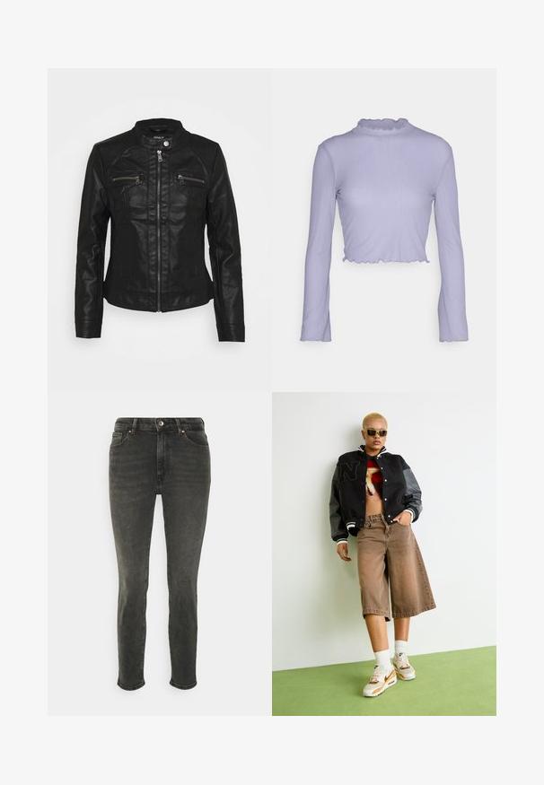 Zwarte leren jas met een opstaande kraag, ritssluiting aan de voorkant en twee ritszakken op de borst. Voorzien van een gestructureerde stiknaad en een aansluitende snit.; Even&Odd Petite Longsleeve - lilac; Zwarte denim jeans met een aansluitend ontwerp, vijf zakken en koperen klinknagels. Heeft een licht vervaagde afwerking en rechte pijpen.; Persoon met kort blond haar, die een zonnebril, een zwarte varsityjack, een grafisch crop-top, een bruin wijde korte broek en witte Nike-sneakers draagt, staat op een groene vloer.