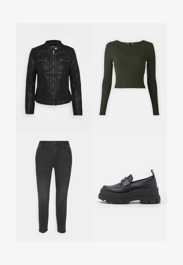 Schwarze Lederjacke mit Stehkragen, Front-Reißverschluss und zwei Reißverschluss-Brusttaschen. Verfügt über strukturierte Nähte und eine figurbetonte Silhouette.; Langärmliges, tailliertes Oberteil aus dunkelgrünem Rippstoff mit weitem Ausschnitt und kurzem Saum. Glatte Textur mit dehnbarem Material.; Schwarze Skinny-Jeans mit einer glatten Denim-Oberfläche, ausgestattet mit einem Fünf-Taschen-Design, Gürtelschlaufen und einem Frontknopfverschluss.; Schwarzer Lederloafer mit dicker profilstarker Sohle, Mokassinnaht vorne, Riemendetail oben und Zuglasche an der Ferse, seitlich gezeigt.