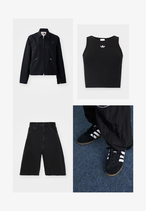 Veste noire avec fermeture éclair à l'avant, deux poches zippées inclinées, et un col. Présente une texture de tissu lisse et un branding minimal.; Crop top noir côtelé sans manches avec encolure ronde et petit logo blanc Adidas trefoil centré près du col.; Shorts en jean noir à taille haute, avec un design à jambes larges, dotés de cinq poches et d'une fermeture à bouton. Texture lisse avec un léger délavage.; Des chaussures de sport en suède noir avec trois rayures blanches et des lacets noirs. Un pantalon noir texturé est partiellement visible à côté des chaussures.