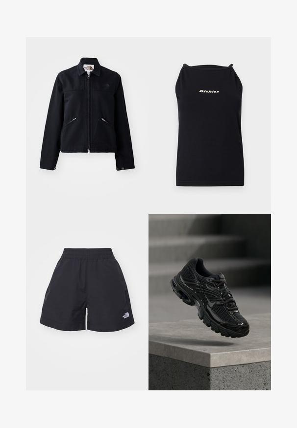 Veste noire avec fermeture éclair à l'avant, deux poches zippées inclinées, et un col. Présente une texture de tissu lisse et un branding minimal.; Haut noir sans manches avec bretelles fines et "Dickies" imprimé en beige, centré sur la poitrine, sur un fond clair uni.; The North Face EASY WIND - Short - black; Chaussure de course noire Nike avec tige en mesh et synthétique flottant au-dessus d'une surface en béton avec des marches en arrière-plan.
