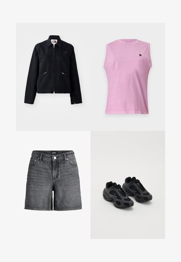 Veste noire avec fermeture éclair à l'avant, deux poches zippées inclinées, et un col. Présente une texture de tissu lisse et un branding minimal.; T-shirt sans manches violet clair à col rond avec un patch logo Carhartt sur le haut de la poitrine à gauche, présenté sur un fond uni.; Short en denim noir délavé avec bouton à l'avant, passants pour ceinture, poches avant et une étiquette JXX sur la ceinture.; Baskets Nike noires avec des panneaux en maille et en daim, des découpes uniques et des colliers rembourrés. Des accents brillants sur les côtés mettent en valeur un design moderne.