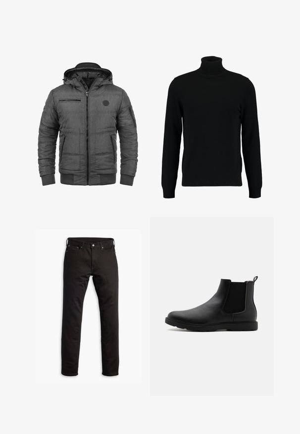 Veste matelassée grise avec capuche. Comprend des poches avant zippées, des poignets côtelés et une finition en tissu texturé. Inclut un détail logo sur la poitrine.; Un pull à col roulé noir en matière tricotée douce. Il possède des manches longues, un col et un ourlet côtelés. Son design est simple et épuré, sans motifs.; Jeans en denim noir avec une coupe droite, des poches avant et une fermeture à bouton. Le tissu a une texture lisse et un minimum de détails.; Bottine Chelsea en cuir noir avec des panneaux latéraux en élasthanne, une languette et une semelle en caoutchouc durable. Texture lisse et design épuré.