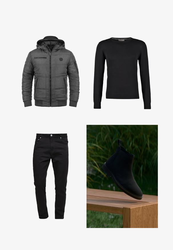 Veste matelassée grise avec capuche. Comprend des poches avant zippées, des poignets côtelés et une finition en tissu texturé. Inclut un détail logo sur la poitrine.; Pull en tricot noir à manches longues, col rond, avec des poignets et un ourlet côtelés. Texture lisse et coupe ajustée.; Jean noir en tissu denim, design slim fit, style à cinq poches, fermeture à bouton métallique, avec des détails de couture et une texture lisse.; Botte Chelsea noire en cuir lisse, avec un onglet de traction, un bout rond, des panneaux latéraux élastiques et un talon bas. Présentée sur une surface en bois.