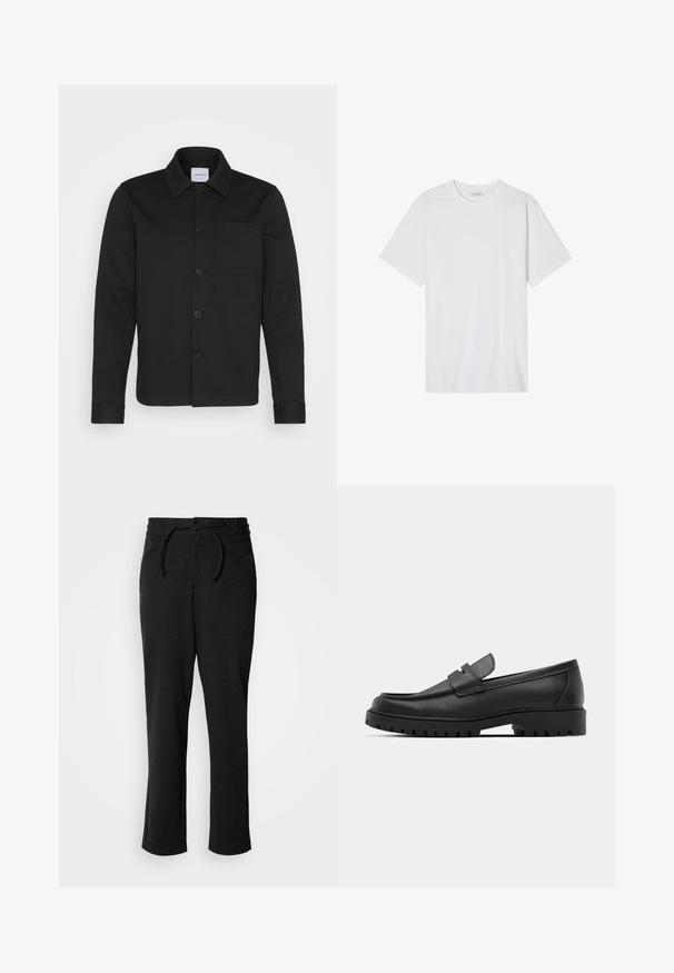 Schwarze Jacke mit Knopfleiste aus glattem Stoff, ausgestattet mit einem Kragen, einer Fronttasche und umgeschlagenen Ärmeln. Keine sichtbaren Muster oder Akzente.; Weißes Baumwoll-T-Shirt mit Rundhalsausschnitt, kurzen Ärmeln und lockerer Passform; glatte Textur mit sauberen Kanten und ohne Muster oder Verzierungen.; Schwarze Strickhose mit einem Kordelzugbund, geradem Bein und Seitentaschen. Weiche Textur mit glatter Oberfläche.; Schwarze Lederloafer mit runder Zehenform, ausgestattet mit einem gesteppten Design, niedrigem Plattformsohle und einer strukturierten, genoppten Gummisohle.