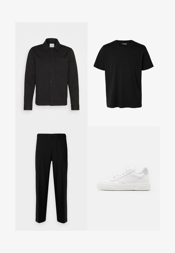Schwarze Jacke mit Knopfleiste aus glattem Stoff, ausgestattet mit einem Kragen, einer Fronttasche und umgeschlagenen Ärmeln. Keine sichtbaren Muster oder Akzente.; Schlichtes schwarzes T-Shirt mit kurzen Ärmeln und Rundhalsausschnitt in Herrenform, ohne sichtbare Muster oder Logos auf der Vorderseite.; Schwarze Hosen aus glattem Stoff, mit geradem Schnitt, zwei vorderen Taschen und einem Reißverschluss mit Knopfverschluss.; Weiße Leder-Sneaker mit glatter Oberfläche, rundem Zehenbereich, flachen Schnürsenkeln und strukturiertem Schuhsohlen. Graues Wildleder-Detail an der Ferse.