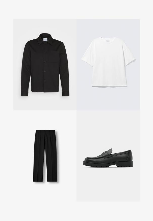 Sort knapjakke lavet af glat stof, med krave, forlommer og manchetter. Ingen synlige mønstre eller accenter.; Hvid oversized t-shirt med korte ærmer og rund halsudskæring med sænkede skuldre, fladt lagt på lys grå baggrund.; Sorte bukser med lige ben, forreste plisseringer, knaplukning i taljen og sidelommer på hvid baggrund.; Sorte læder loafers med rund tå, der har et syet design, lav platformssål og en struktureret, skridsikker gummisål.