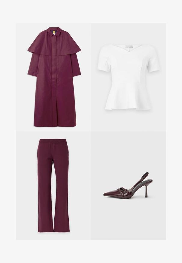 Manteau long violet avec un design structuré à cape, col et fermeture éclair frontale. Confectionné dans un matériau lisse avec une texture unie.; Haut blanc à manches courtes avec basque, encolure en cœur et taille cintrée, étiquette "Anna Field" visible à l'intérieur du col.; Pantalon droit de couleur bordeaux foncé uni avec une taille élastique, en tissu doux.; Escarpin slingback en cuir verni bordeaux avec bout pointu, fine bride à la cheville et petit détail décoratif de boucle. Texture lisse et talon haut.