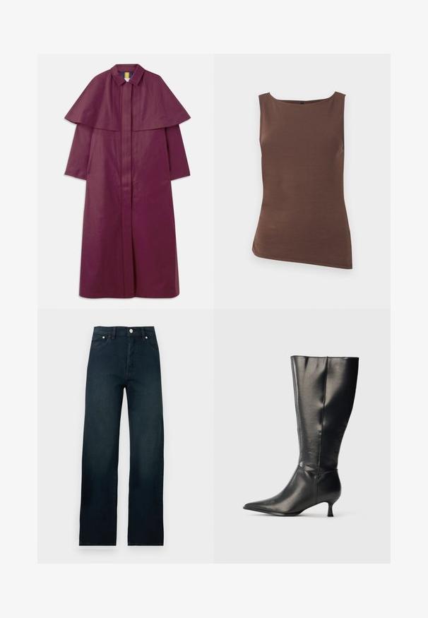 Manteau long violet avec un design structuré à cape, col et fermeture éclair frontale. Confectionné dans un matériau lisse avec une texture unie.; Haut marron ajusté sans manches, avec un col bateau et un ourlet droit, présenté sur un fond blanc uni.; Jean denim bleu foncé taille haute, jambe droite, avec bouton devant et poches, présenté sur fond blanc uni.; Botte en cuir noire montant jusqu'au genou, avec un bout pointu et un petit talon bas, présentée sur un fond clair uni.