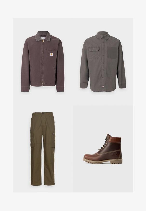 Brown zip-up jacket with collar, chest zip pocket, two side pockets, and Carhartt logo patch on the left chest.; Long-sleeve dark gray button-up shirt with collar, two chest pockets (one with flap), and small logo tag at the hem.; Cargo pants in olive green, made of durable fabric. Features two side pockets, a standard waist, and a straight-leg design.; Brown leather lace-up ankle boot with padded collar, contrast stitching, and rugged sole, shown from the outer side on a white background.