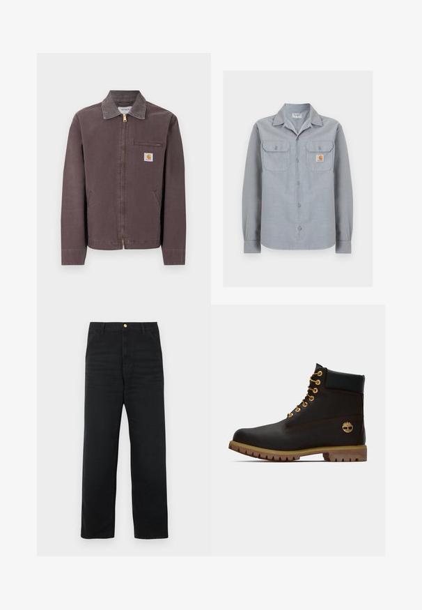 Brun lynlåstrøje med krave, lynlåslomme på brystet, to sidelommer og Carhartt-logo på venstre bryst.; Lysegrå langærmet skjorte med knapper og to brystlommer, hvoraf den ene har en lille Carhartt-logo patch på højre side.; Sorte denimbukser med lige ben, der har lukning med knapper foran, to sidelommer og subtil tekstur.; Sorte læder ankelstøvle med gyldne øjer, brune detaljer og gummisål. Har en polstret krave og præget logo på siden.