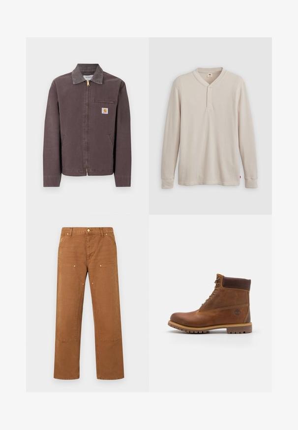 Brun lynlåstrøje med krave, lynlåslomme på brystet, to sidelommer og Carhartt-logo på venstre bryst.; Langærmet henley-skjorte i lys beige ribbet stof, med V-hals, tre-knap placket og manchetter ved ærmerne. Rød logo-tags ved kanten.; Brune bukser med lige ben, forlommer med lap, nitte-detaljer, bæltestropper og knaplukning i taljen.; Brun læder vandrestøvle med en glat finish, polstret ankel, metalliske snørehuller og en gummisål med et robust dækmønster.