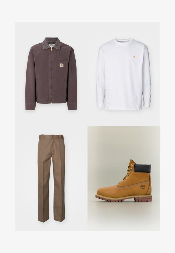 Brown zip-up jacket with collar, chest zip pocket, two side pockets, and Carhartt logo patch on the left chest.; White long-sleeve t-shirt made of cotton. Features a small golden logo on the chest and a crew neckline. Simple design and standard fit.; Brown trousers with a flat front design, straight legs, and a classic waistband. Made of durable fabric, featuring no visible patterns or embellishments.; Brown leather ankle boot with black collar, yellow laces, and tan sole. Features logo and white stitching detail. Rugged traction outsole.