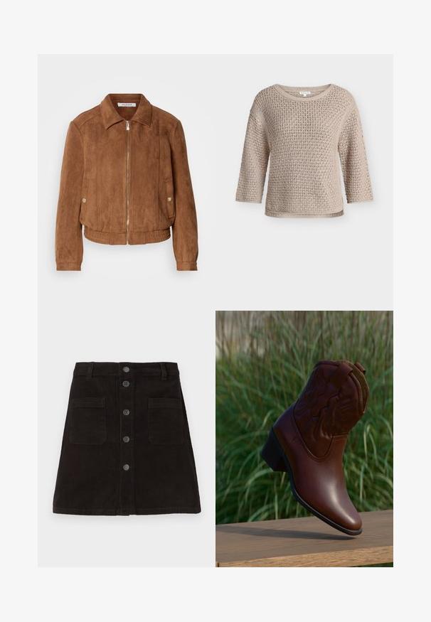 Veste en suède marron avec fermeture éclair, ourlet côtelé et col montant. Équipée de poches latérales avec boutons pression et d'une surface texturée.; Pull en maille beige avec motif texturé, encolure ronde et manches trois-quarts, présenté sur un fond clair uni.; Jupe A-line en velours côtelé marron avec un devant à boutons, deux poches avant et des rayures verticales texturées. Taille standard avec passants de ceinture.; Botte de cowboy en cuir marron avec des coutures décoratives, inclinée vers le haut sur une surface en bois avec un arrière-plan flou d'herbe verte.