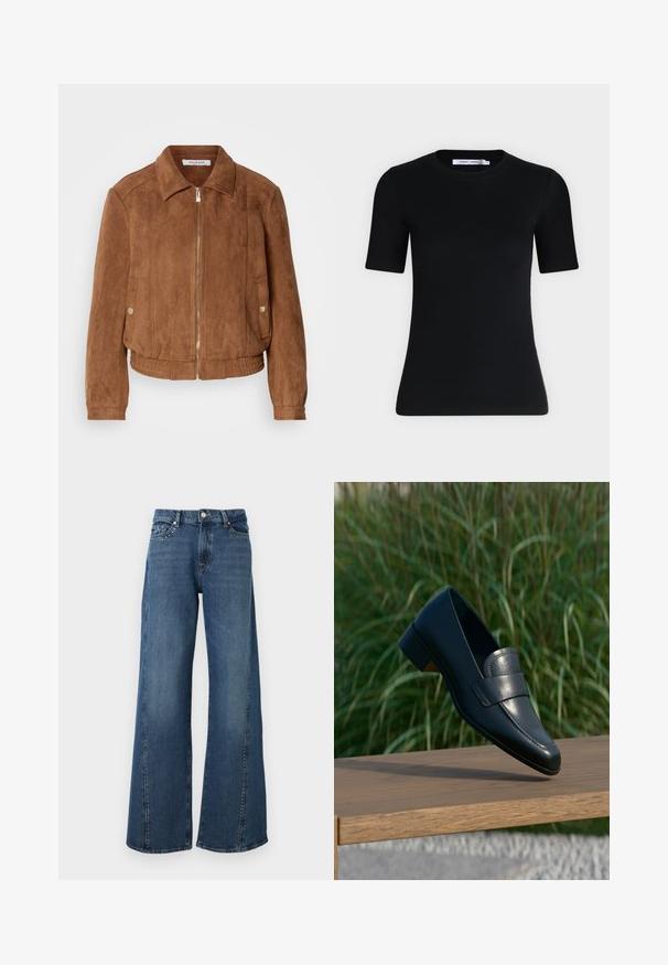 Veste en suède marron avec fermeture éclair, ourlet côtelé et col montant. Équipée de poches latérales avec boutons pression et d'une surface texturée.; T-shirt noir ajusté à manches courtes avec un col rond et une étiquette à l'intérieur du col sur un fond clair uni.; Jean à jambes larges en denim bleu foncé. Comprend des accents de clous argentés sur la zone des poches avant, un design classique à cinq poches, et une fermeture par bouton.; Mocassin en cuir noir à talon bas, en équilibre sur le bord d'un banc en bois à l'extérieur, avec de l'herbe verte et haute en arrière-plan.