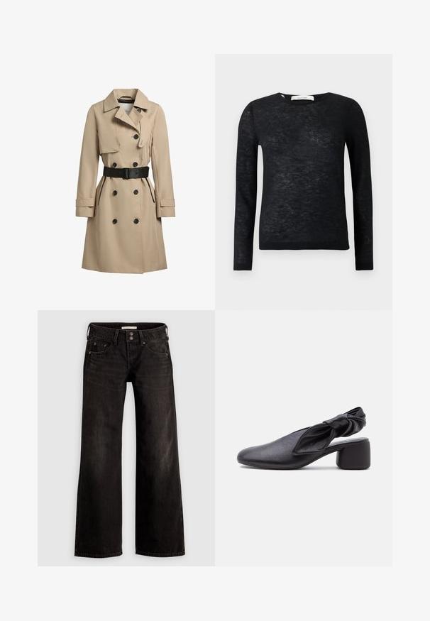 Beige Trenchcoat mit doppelreihigen Knöpfen, schwarzen Akzenten, taillierter Passform, breiten Revers und einem Gürtel in der Taille. Texturiertes, wasserabweisendes Gewebe.; Schwarzer, transparenter, langärmliger, leichter Rundhals-Pullover mit feiner Strickstruktur sowie gerippten Bündchen und Saum.; Schwarze Jeans mit weitem Bein und leicht ausgeblichenem Finish, ausgestattet mit vorderen Taschen, einem Reißverschluss und einer Knopfverschluss. Hergestellt aus Denimstoff.; Schwarzer Leder-Slingback-Schuh mit abgerundeter Spitze, einem geknoteten Riemendetail und niedrigem Blockabsatz auf weißem Hintergrund.