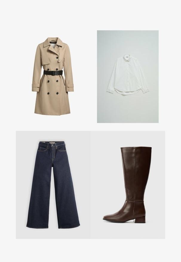 Gabardina beige con botones de doble botonadura, detalles en negro, corte entallado, solapas amplias y un cinturón en la cintura. Tejido texturizado y resistente al agua.; Camisa blanca de manga larga con botones, cuello y dobladillo curvado, extendida sobre un fondo gris claro.; Jeans de denim de pierna ancha en azul oscuro con costuras en contraste. Presenta un diseño tradicional de cinco bolsillos y un cierre de botón en la cintura.; Bota alta de cuero marrón oscuro con un tacón bajo y acabado suave, mostrada de lado sobre un fondo blanco.