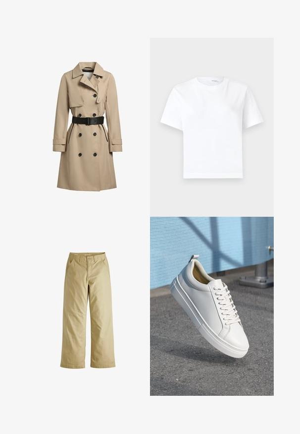 Gabardina beige con botones de doble botonadura, detalles en negro, corte entallado, solapas amplias y un cinturón en la cintura. Tejido texturizado y resistente al agua.; Camiseta blanca lisa de algodón de manga corta con cuello redondo y dobladillo recto, mostrada sobre un fondo blanco.; Pantalones beiges de pierna ancha hechos de algodón, con dos bolsillos frontales, cierre de cremallera y un ajuste relajado con una textura suave.; Zapatilla de cuero blanca con cordones planos, punta redondeada, suela de goma y una pequeña lengüeta en el talón. Textura suave con detalles de diseño mínimos.