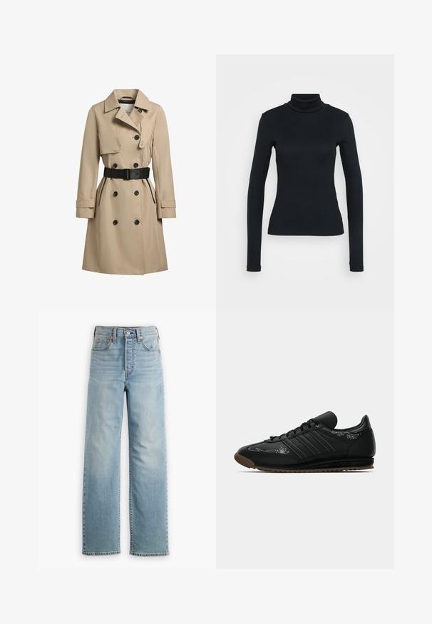 Beige Trenchcoat mit doppelreihigen Knöpfen, schwarzen Akzenten, taillierter Passform, breiten Revers und einem Gürtel in der Taille. Texturiertes, wasserabweisendes Gewebe.; Schwarzer, langärmeliger, gerippter Rollkragenpullover mit figurbetonter Silhouette auf einem einfarbigen hellen Hintergrund.; Hellblaue Jeans aus Denim mit hoch tailliertem Design, geradem Schnitt, Fünf-Taschen-Stil und sichtbaren Nahtdetails.; Schwarze Adidas-Ledersneaker mit weißen gestickten Details, schwarzen Schnürsenkeln, brauner Gummisohle und den charakteristischen drei Streifen an der Seite.