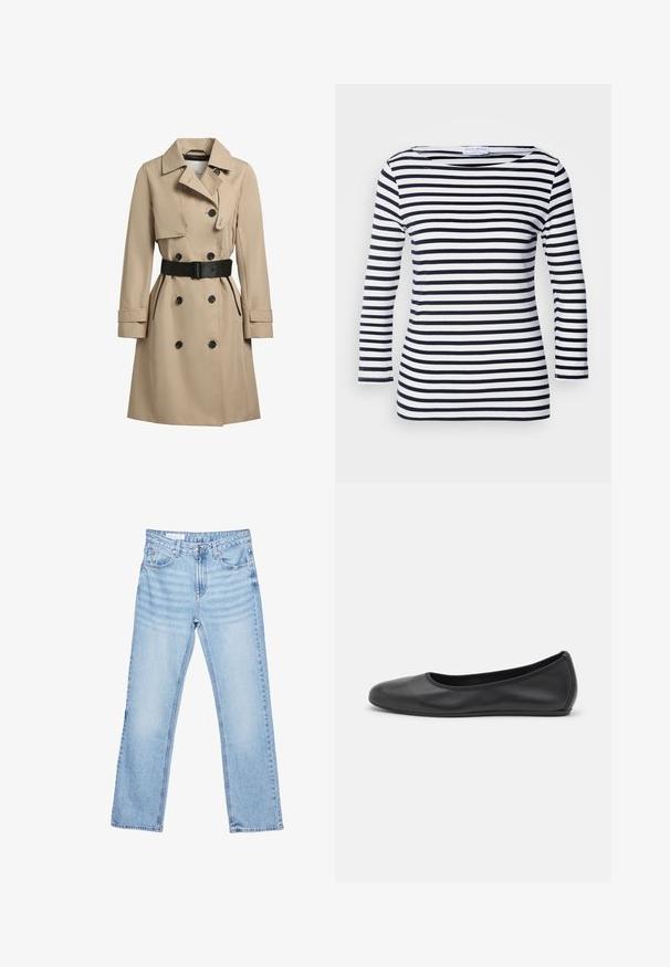 Beige Trenchcoat mit doppelreihigen Knöpfen, schwarzen Akzenten, taillierter Passform, breiten Revers und einem Gürtel in der Taille. Texturiertes, wasserabweisendes Gewebe.; Langarmshirt mit navy- und weißen Streifen, weitem Ausschnitt und weichem, dehnbarem Stoff. Verfügt über gleichmäßige horizontale Streifen.; Hellblaue Jeans mit geradem Bein, fünf Taschen und Knopfverschluss in der Taille, flach auf weißem Hintergrund liegend.; Schwarze Leder-Ballettschuhe mit abgerundeter Spitze, glatter Textur, minimalen Nähdetails und einem flexiblen Sohlen-Design.