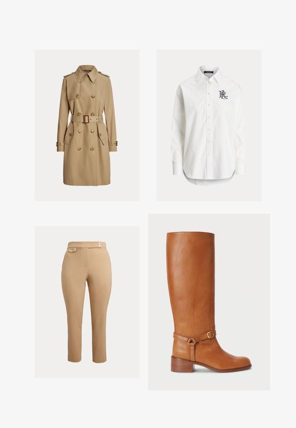 Beiger knielanger Trenchcoat mit doppelreihigen Knöpfen, Taillengürtel, Schulterklappen und Pattentaschen.; Weißes langärmeliges Hemd mit Knöpfen und spitzem Kragen sowie schwarzem, gesticktem Logo auf der linken Brust.; Beige Slim-Fit-Hosen mit hoher Taille, versehen mit zwei kleinen dekorativen Knöpfen am Bund und einer mit Knopf verschlossenen Klappentasche auf der rechten Seite.; Hohe braune Lederstiefel mit glatter Oberfläche, ausgestattet mit einem seitlichen Schnallenriemen und einem gestapelten Absatz. Das Obermaterial hat ein schlichtes, unverziertes Design.