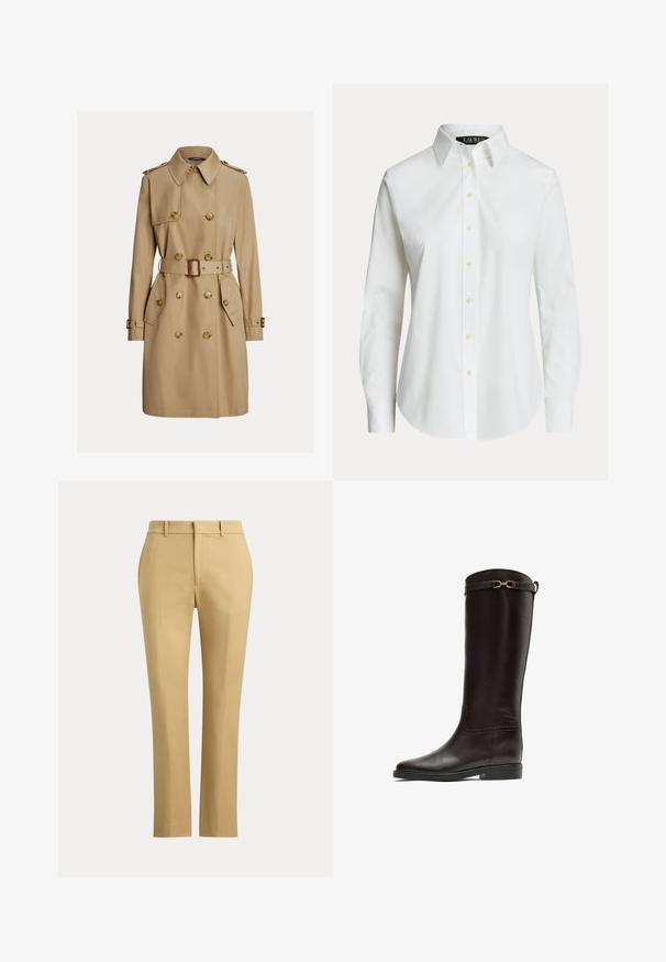 Beige knielange trenchcoat met dubbele rij knopen, ceintuur in de taille, schouderepauletten en klepzakken.; Wit overhemd met lange mouwen en knopen, met een klassieke kraag en zichtbare knopen aan de voorkant, getoond op een effen achtergrond.; Beige rechte broek met riemlussen, een rits aan de voorkant en op maat gemaakte plooien op een effen lichte achtergrond.; Hoge donkerbruine leren rijlaars met lage hak en gouden decoratieve gesp vlak bij de bovenrand.