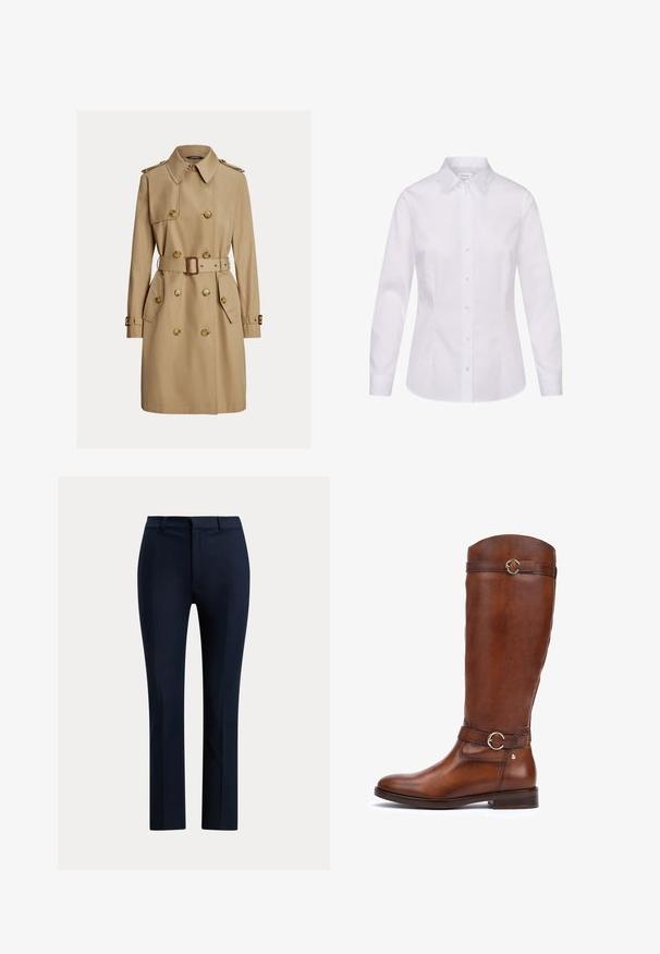 Beige knælængde trenchcoat med dobbeltradede knapper, bælte i taljen, skulderstropper og lommer med klap.; Hvid langærmet skjorte med knapper, spids krave og tilpasset talje, vist på hvid baggrund.; Marineblå skræddersyede bukser med lige ben, bæltestropper og lynlåslukning foran.; Brune læderstøvler til knæene med en glat finish, en rundt tå, et dekorativt bælte med en cirkulær spænde, og en lav stablet hæl.