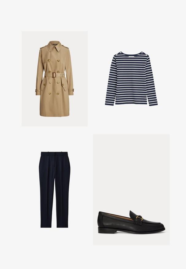 Beige knielange trenchcoat met dubbele rij knopen, ceintuur in de taille, schouderepauletten en klepzakken.; Marineblauw-wit gestreept shirt met lange mouwen en een ronde hals, weergegeven op een witte achtergrond.; Marineblauwe op maat gemaakte broek met riemlussen, zijzakken, voorplooi en rechte pijpen.; Zwarte leren loafer met een kleine hak en decoratieve gouden gesp aan de voorkant, zijaanzicht op een witte achtergrond.