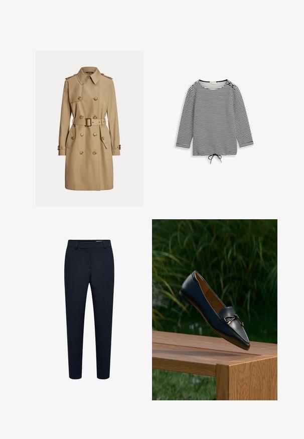 Béžový trenčkot po kolená s dvojradovými gombíkmi, opaskom v páse, ramennými epolety a preklopenými vreckami.; Čierno-biele tričko s dlhými rukávmi a vodorovnými pruhmi, okrúhlym výstrihom, dvoma gombíkmi na ľavom ramene a sťahovacou šnúrkou na spodnom okraji.; Čierne úzke prispôsobené nohavice s pútkami na opasok a skrytým predným zapínaním, vhodné na formálne alebo kancelárske nosenie.; Čierny kožený loafer s detailom mašle, ktorý pláva nad drevenou lavičkou, na pozadí zelená tráva a rastliny.