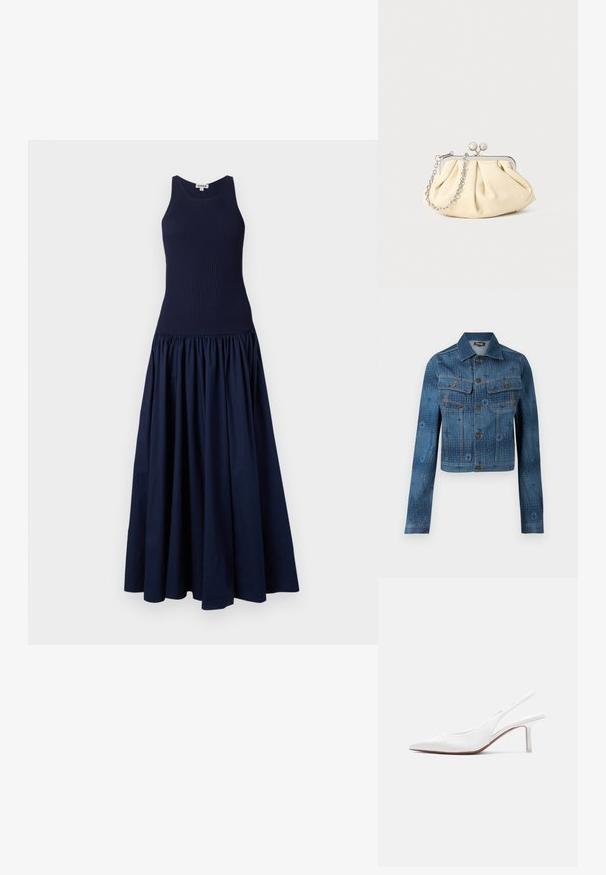 Blå denimjakke med en cropped design, to brystlommer, knaplukning foran, og subtile tonale mønstrede accenter over stoffet.; Mørkeblå kjole med en tætsiddende ribbet overdel og en samlet, voluminøs nederdel. Lavet af et glat stof med en mat finish.; Hvid læder slingback damesko med spids tå, lav kittenhæl og lille dekorativ sløjfe på toppen, vist i sideprofil.; Plisseret beige læderclutch med en sølvmetalramme, der har to runde dekorative låse og en sølvkædetrasporte.