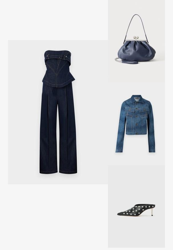 Blauwe spijkerjack met een cropped ontwerp, twee borstzakken, knoopsluiting aan de voorkant en subtiele tonale patroonaccenten over de stof.; Donkerblauwe denim strapless jumpsuit met gestructureerde top en wijde broekspijpen, met contrasterende stiknaden en riemdetails op de borst.; STAND STUDIO KELSEY - Muiltjes met hak - black; Zachte navyblauwe leren handtas met zilveren sluiting, enkele schouderband en afneembare ketting polsband op witte achtergrond.