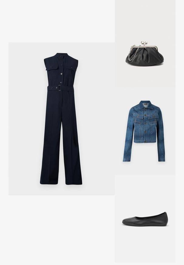 Blauwe spijkerjack met een cropped ontwerp, twee borstzakken, knoopsluiting aan de voorkant en subtiele tonale patroonaccenten over de stof.; Marineblauwe mouwloze jumpsuit met een kraag, twee borstzakken, een tailleband en een wijd ontwerp. Gladde stoftextuur.; Zwarte leren ballerina met een ronde neus, gladde textuur, minimale stikdetails en een flexibele zoolontwerp.; Zwarte leren clutch met geplooide textuur, zilverkleurig metalen frame, drukknopsluiting en kettingriem. Glad, zacht oppervlak.