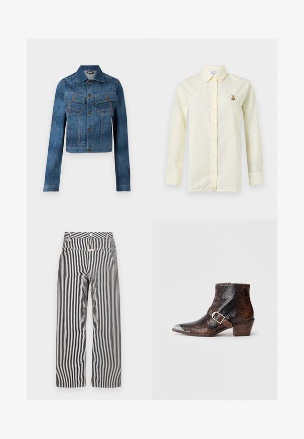 Blå denimjakke med en cropped design, to brystlommer, knaplukning foran, og subtile tonale mønstrede accenter over stoffet.; Langærmet skjorte i cremefarve med knapper, subtile lodrette striber og et lille broderet rævelogo på venstre bryst.; Bredde ben bukser med striber i navy og hvid. Har en knaplukning, frontlommer og et glat, let stof.; Sorte og brune ankelstøvler med slangemønster, med en sølvfarvet tåhætte, spændeaccents og en lav træhælt. Glat tekstur, tætsiddende design.