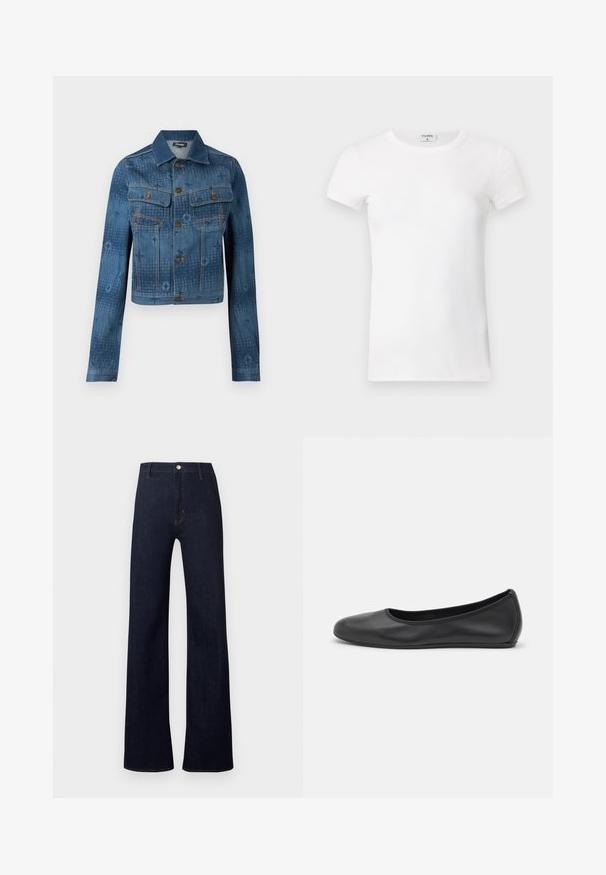 Blå denimjakke med en cropped design, to brystlommer, knaplukning foran, og subtile tonale mønstrede accenter over stoffet.; Hvid, stribet T-shirt med kortærmer og rund hals. Stoffet ser glat ud med en tætsiddende silhuet. Brandingmærke synligt ved kraven.; Mørkeblå denimbukser med høj talje, vidbenet design og klassisk fem-lomme styling. Har bronze hardware og diskrete syninger.; Sort læderballetsko med rund tå, glat tekstur, minimal syning og et fleksibelt såldesign.
