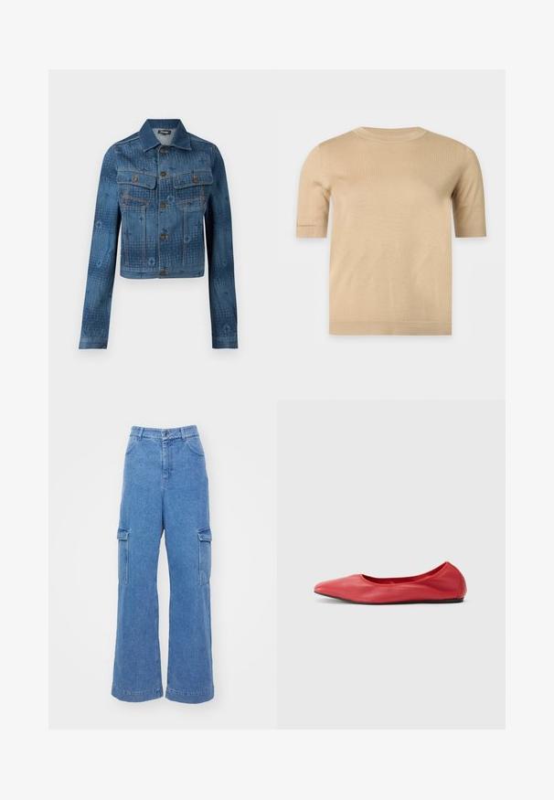 Blaue Jeansjacke mit einem verkürzten Design, zwei Brusttaschen, Knopfverschluss und subtilen, tonalen Musterelementen auf dem Stoff.; Beiger kurzärmeliger Strickpullover mit rundem Ausschnitt und geradem Saum, auf einem schlichten hellen Hintergrund dargestellt.; Hellblaue Denim-Cargohosen mit weitem Bein, ausgestattet mit zwei Seitentaschen und einem Knopfverschluss an der Taille.; Filippa K REY FLATS - Klassischer Ballerina - bright red