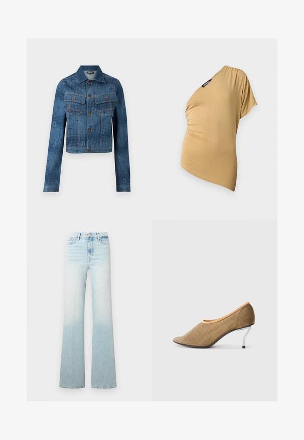 Blå denimjakke med en cropped design, to brystlommer, knaplukning foran, og subtile tonale mønstrede accenter over stoffet.; Beige one-shoulder top med korte ærmer, rynket side og lille sort label nær halsudskæringen på lys baggrund.; Lyseblå cowboybukser med en udvidet benstil, der har en gradvis ombré-effekt og en klassisk knaplukning.; Brun stofpumpe med spidse tæer, der har en lav metallisk hæl og en orange detalje omkring åbningen. Glat tekstur og minimalistisk design.