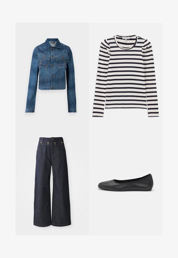 Blaue Jeansjacke mit einem verkürzten Design, zwei Brusttaschen, Knopfverschluss und subtilen, tonalen Musterelementen auf dem Stoff.; Langärmeliges, geripptes Oberteil mit horizontalen navyblauen und weißen Streifen; verfügt über einen runden Halsausschnitt und Raffungen an den Schultern.; Weite Jeans aus dunklem Denim mit hoher Taille, doppelter Knopfverschluss und Kontrastnähten entlang der Nähte.; Schwarze Leder-Ballettschuhe mit abgerundeter Spitze, glatter Textur, minimalen Nähdetails und einem flexiblen Sohlen-Design.