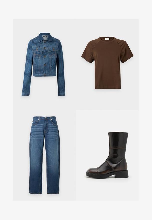 Blå denimjakke med en cropped design, to brystlommer, knaplukning foran, og subtile tonale mønstrede accenter over stoffet.; Brun kortærmet t-shirt med rund halsudskæring og rynkede detaljer på ærmerne. Har et diskret præget logo på den nederste front.; Mørkeblå denimjeans, lige ben-design, fem lommer og kobberfarvet syning ved sømmene. Glat tekstur med let falming på stoffet.; MIISTA DAHLIA - Plateaustøvler - brown