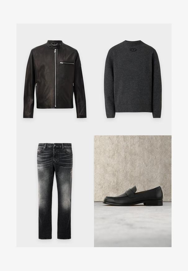 Schwarze Lederjacke mit Reißverschluss vorne, Reißverschluss-Brust- und Seitentaschen sowie einem Druckknopfkragen mit Kettendetail.; Dunkelgrauer Pullover aus weichem Strickstoff mit Rundhalsausschnitt sowie gerippten Bündchen an Ärmeln und Saum. Mit kleinem Logodetail auf der Rückseite.; Schwarze Jeans mit einem verblassten Finish und verwaschenen Akzenten, klassisches Fünf-Taschen-Design und Reißverschluss. Hergestellt aus Denim-Stoff.; Schwarzer Leder-Slipper schwebt über einem beigen Teppich, im Hintergrund ein glänzender, runder brauner Tisch.