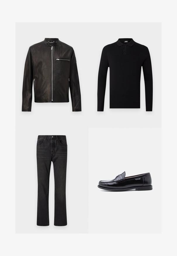 Zwarte leren jas met rits aan de voorkant, ritszakken op de borst en zijkanten, en een drukknopenkraag met kettingdetail.; Zwart poloshirt met lange mouwen van ribbelstof, drie-knoopsluiting en een zachte kraag. Eenvoudig en veelzijdig ontwerp.; Zwarte denim jeans met een rechtvallend ontwerp, vijf zakken en een sluiting met een knoop aan de voorkant. Textuur oppervlak met subtiele vervagingdetails.; Zwarte leren loafers met een glanzende afwerking, voorzien van een gestikt ontwerp op de neus en een lage, zwarte rubberen zool met structuur.