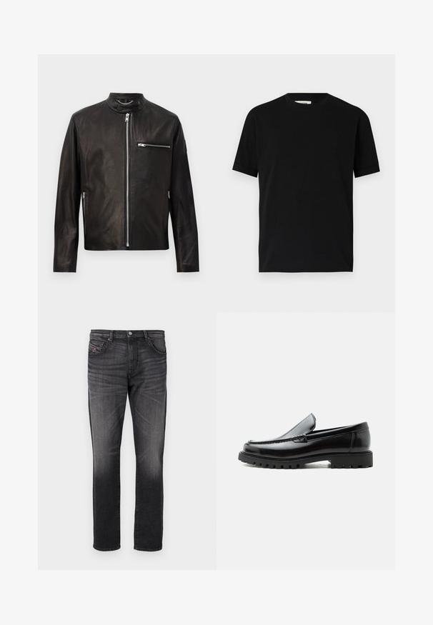 Schwarze Lederjacke mit Reißverschluss vorne, Reißverschluss-Brust- und Seitentaschen sowie einem Druckknopfkragen mit Kettendetail.; Schwarzes kurzärmliges T-Shirt aus Baumwolle mit Rundhalsausschnitt und lockerer Passform. Sanfte Textur, keine Muster oder sichtbaren Logos.; Schwarze Jeans aus Denim mit geradem Bein, fünf Taschen, dezenter Ausbleichung und einem kleinen roten Stoffetikett an der Vordertasche.; Schwarzer Lederloafer mit grober Gummisohle, genähter Oberseite und geprägtem Markennamen an der Ferse, seitlich auf weißem Hintergrund gezeigt.