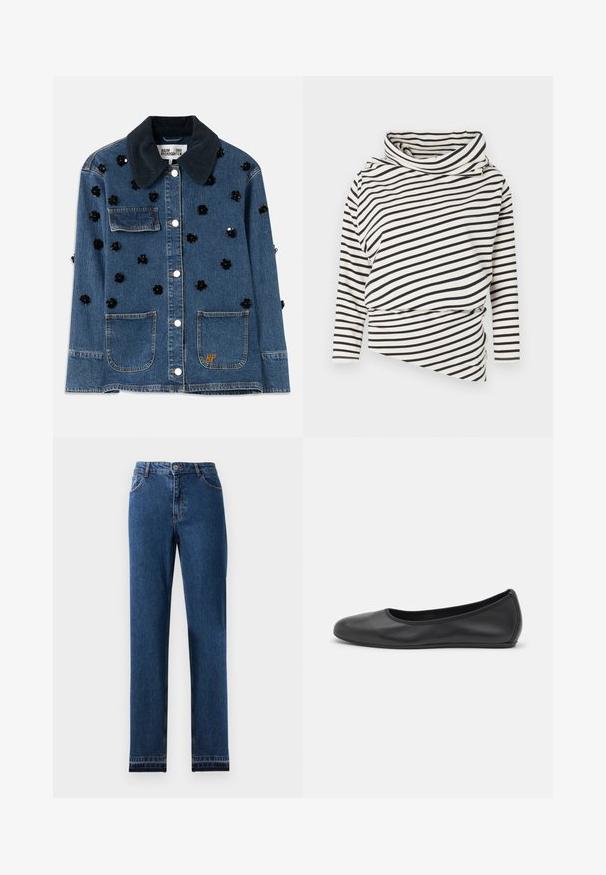 Jeansjasje met een donkere corduroy kraag, voorzien van verspreide zwarte bloemenversieringen en twee voorzakken. Gouden "BP" logo accent.; Asymmetrische lange mouw top in crème met zwarte strepen, voorzien van een hoge kraag en een gedrapeerd ontwerp aan de voorkant met een gestructureerde afwerking.; Blauwe denim jeans met een recht beenontwerp, vijf zakken en een knoopsluiting. Kenmerkt contraststiksels en een lichte vervaging.; Zwarte leren ballerina met een ronde neus, gladde textuur, minimale stikdetails en een flexibele zoolontwerp.