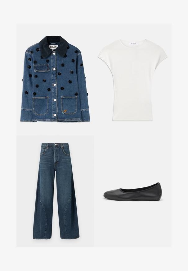Veste en denim avec un col en velours côtelé foncé, ornée de petites embellissements floraux noirs éparpillés, et deux poches avant. Accent avec le logo doré "BP".; Chemise blanche à manches courtes en tissu côtelé doux. Encolure ras du cou ; coupe décontractée avec des manches légèrement bouffantes. Étiquette de la marque visible au niveau de l'encolure.; Jean denim bleu foncé à jambes larges avec poches avant, passants pour ceinture et fermeture à bouton à la taille, présenté sur un fond uni.; Ballerines en cuir noir avec un bout rond, texture lisse, détails de couture minimalistes et design de semelle flexible.