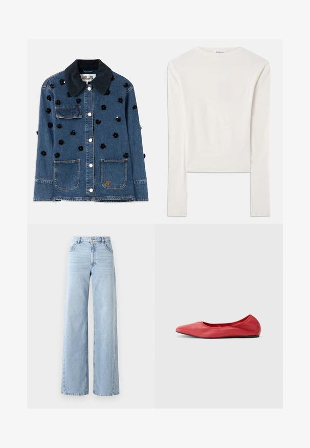Jeansjasje met een donkere corduroy kraag, voorzien van verspreide zwarte bloemenversieringen en twee voorzakken. Gouden "BP" logo accent.; Witte lange mouw top van katoen, met een eenvoudige ronde hals en een slim fit. De stof is glad met een lichte stretch.; Lichte blauwe denim jeans met een hoge taille en wijde pijpen, met vijf zakken en een vervaagde textuur. Heeft gestikte details en een rechte snit aan de zoom.; Filippa K REY FLATS - Ballerina's - bright red