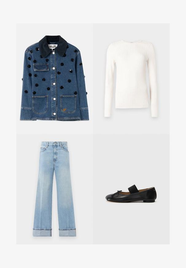 Jeansjakke med en mørk kordfløjlskrave, prydet med spredte sorte blomsterdekorationer og to frontlommer. Guld "BP" logo accent.; Hvid langærmet top lavet af ribstrikket stof. Har rund halsudskæring og en tætsiddende silhuet med teksturerede striber, der løber lodret.; Lysblå vidbukser lavet af denim, med høj talje, opsmøgte syninger og klassisk fem-lomme-design. Ren finish med minimal slid.; Sorte læder ballet flats med en rund tå, en lille knude detalje og et elastisk bånd over vristen for en sikker pasform. Flad sål.