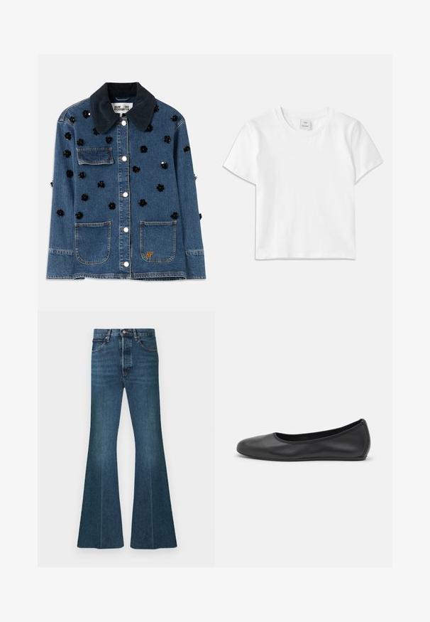 Jeansjakke med en mørk kordfløjlskrave, prydet med spredte sorte blomsterdekorationer og to frontlommer. Guld "BP" logo accent.; Hvid bomulds-t-shirt med rund hals, korte ærmer og lige kant. Mærke med teksten "Won Hundred" placeret i midten af halsudskæringen.; Denimjeans med vide ben i mørkeblå, høj talje, femlomme-design og klassiske syninger. Stoffet har et glat, tekstureret udseende.; Sort læderballetsko med rund tå, glat tekstur, minimal syning og et fleksibelt såldesign.
