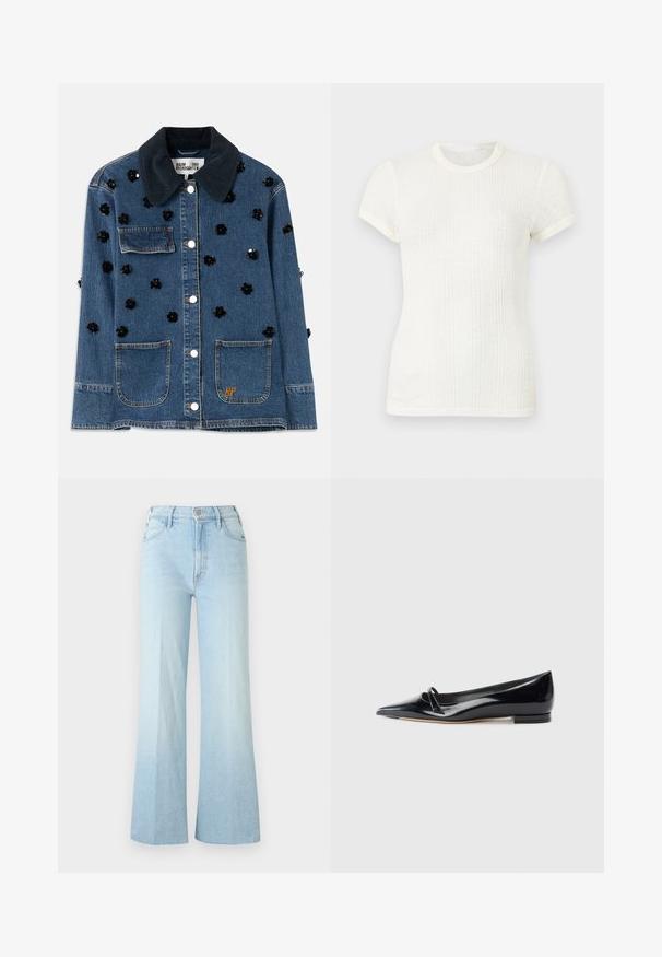 Jeansjakke med en mørk kordfløjlskrave, prydet med spredte sorte blomsterdekorationer og to frontlommer. Guld "BP" logo accent.; Hvid ribstrikket t-shirt med korte ærmer, rund halsudskæring og let puffede ærmer.; Lyseblå højtaljede vidde jeans med forreste knapper, lynlås og lommer, vist på en ensfarvet hvid baggrund.; Sorte patentlæder flade sko med spids tå, lille dekorativ rem og lav blokhæl. Glat tekstur og strømlinet design.