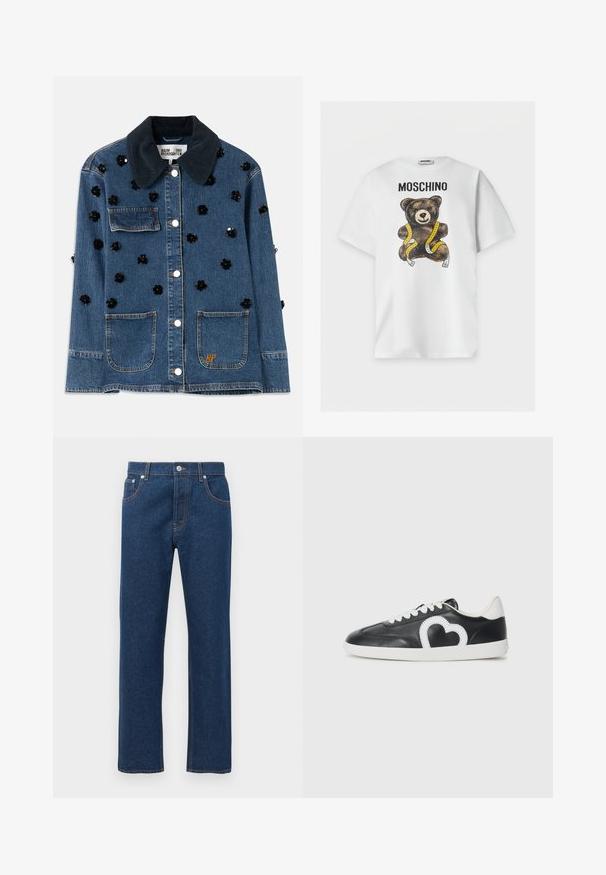 Veste en denim avec un col en velours côtelé foncé, ornée de petites embellissements floraux noirs éparpillés, et deux poches avant. Accent avec le logo doré "BP".; T-shirt blanc à manches courtes avec le texte "MOSCHINO" et un ours en peluche marron enveloppé dans un ruban à mesurer jaune à l'avant.; Jean en denim bleu foncé à jambes droites avec poches avant et arrière, passants de ceinture, fermeture à bouton et couture orange visible.; Baskets basses noires avec lacets blancs, semelle blanche et un motif blanc en forme de cœur sur le côté.