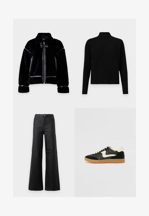 Veste en shearling noir avec fermeture éclair, accents en simili cuir, poches zippées et col. Tissu doux texturé et coupe ajustée.; JDY Knitted JDYPRIME Knitted - Pullover - black; Jean noir à jambe large en denim lisse, avec une fermeture à bouton, des poches avant et une taille haute.; Baskets en daim et cuir noir avec un swoosh latéral crème et un talon crème clair. Dotées de lacets beige et d'une semelle en caoutchouc gomme.