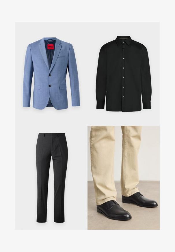 Lyseblå blazer lavet af struktureret stof, med to sorte knapper, en brystlomme og en rød mærkeetiket indeni kraven.; Sort skjorte med lange ærmer, knapper foran, spids krave og knapmanchetter, vist mod en ensformet lys baggrund.; Skræddersyede mørkegrå bukser med en glat tekstur, slim fit, flad front og standard talje. Har pressede folder og ingen synlige mønstre.; Sorte læder snørebåndssko med rund tå, glat finish og diskrete syninger, båret med lyse beige bukser.